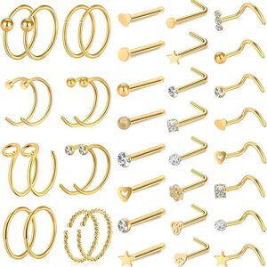 Nose Rings Set Stainless Steel 20G Gold Hoop Studs Septum Jewelry Body Piercing